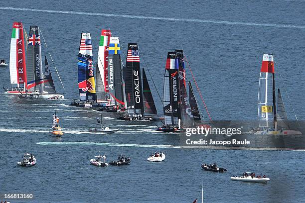 Teams sail during a practice race of America's Cup World Series Naples on April 17, 2013 in Naples, Italy.