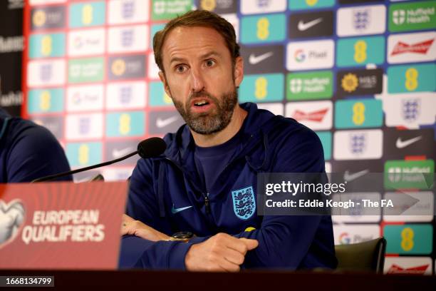 Gareth Southgate, Manager of England, speaks to the media during a press conference at Tarczynski Arena on September 08, 2023 in Wroclaw, Poland.