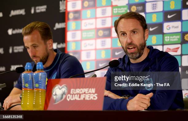 Harry Kane and Gareth Southgate, Manager of England, speak to the media during a press conference at Tarczynski Arena on September 08, 2023 in...