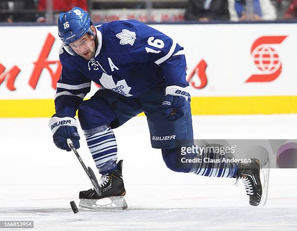 Clarke MacArthur of the Toronto Maple Leafs controls a bouncing puck against the Montreal Canadiens on April 13, 2013 at the Air Canada Centre in...