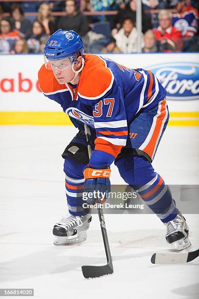 Lennart Petrell of the Edmonton Oilers skates against the Calgary Flames during an NHL game at Rexall Place on April 13, 2013 in Edmonton, Alberta,...