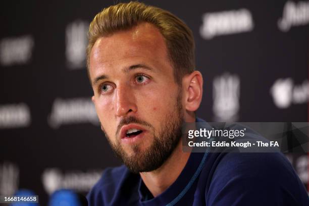 Harry Kane of England speaks to the media during a press conference at Tarczynski Arena on September 08, 2023 in Wroclaw, Poland.
