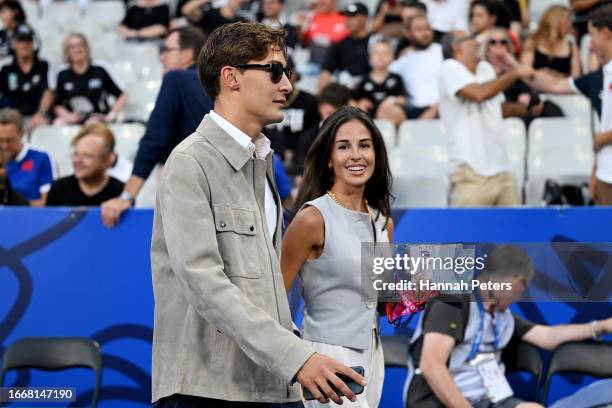 Mercedes Formula 1 driver, George Russell and his partner Carmen Montero Mundt arrive prior to the Rugby World Cup France 2023 Pool A match between...