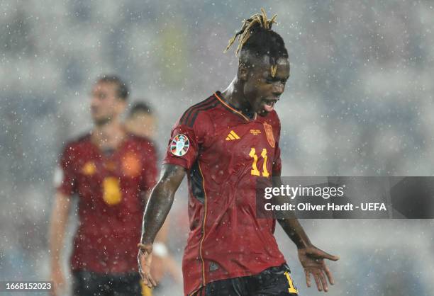 Nico Williams of Spain celebrates after scoring the team's sixth goal during the UEFA EURO 2024 European qualifier match between Georgia and Spain at...