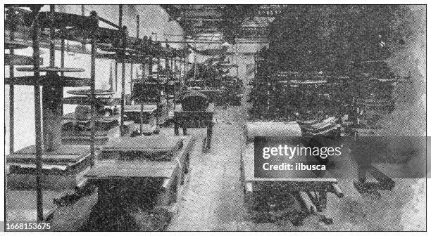 antique image from british magazine: bradford dyeing works - textile mill worker stock illustrations