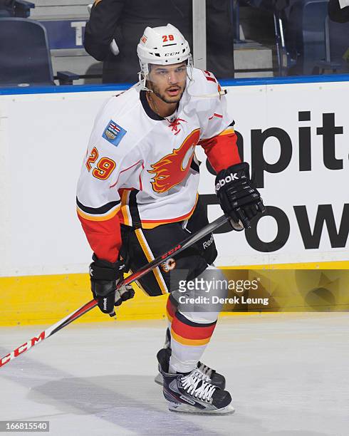 Akim Aliu of the Calgary Flames skates against the Edmonton Oilers during an NHL game at Rexall Place on April 13, 2013 in Edmonton, Alberta, Canada.