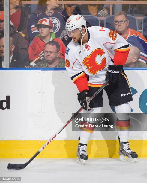 Akim Aliu of the Calgary Flames skates against the Edmonton Oilers during an NHL game at Rexall Place on April 13, 2013 in Edmonton, Alberta, Canada.