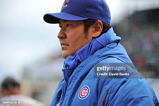 Hisanori Takahashi of the Chicago Cubs during a game against the San Francisco Giants on April 13, 2013 at Wrigley Field in Chicago, Illinois.