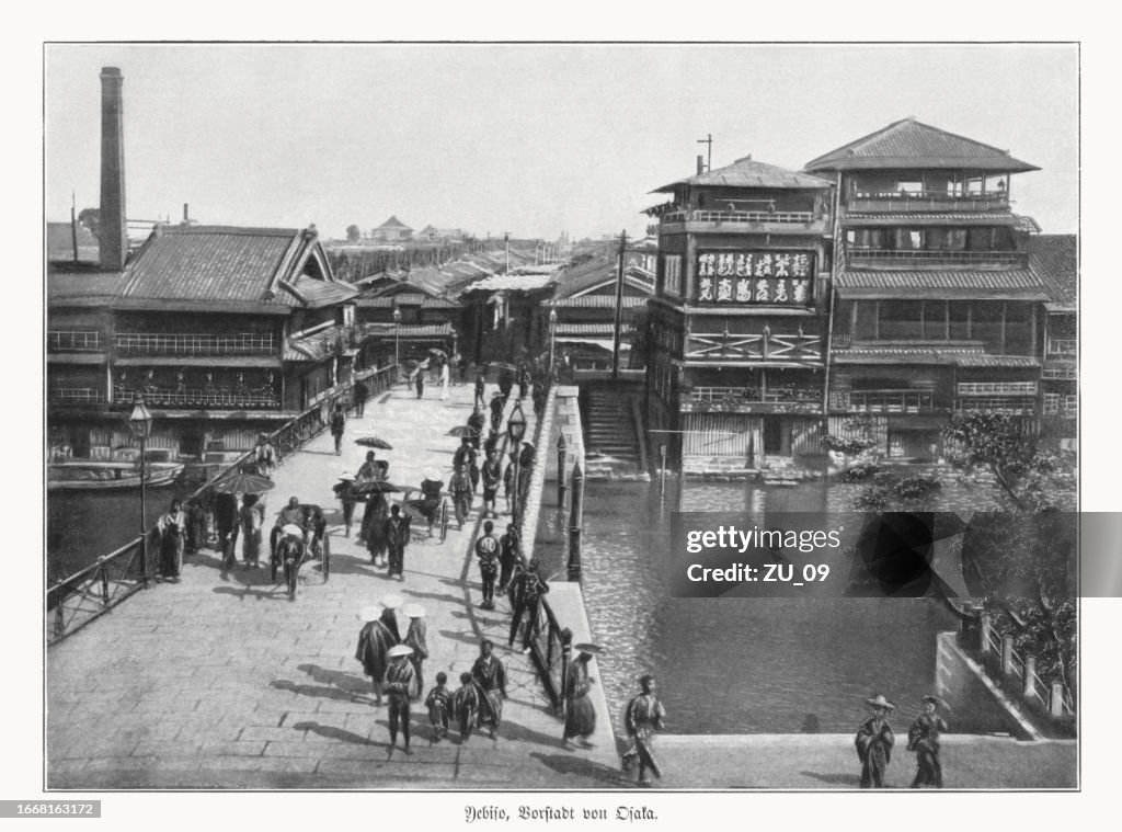 Ebisubashi Bridge in Osaka, Japan. halftone print, published in 1900