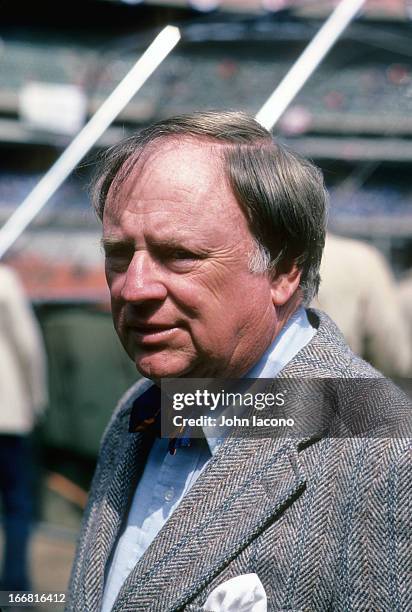 Closeup of New York Mets general manager Frank Cashen before game vs Philadelphia Phillies at Shea Stadium. Flushing, NY 4/5/1983 CREDIT: John Iacono