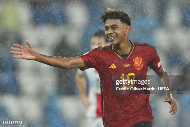 Lamine Yamal of Spain celebrates after scoring the team's seventh goal during the UEFA EURO 2024 European qualifier match between Georgia and Spain...