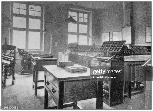 antique image from british magazine: borough polytechnic institute, composing room - classroom setting stock illustrations