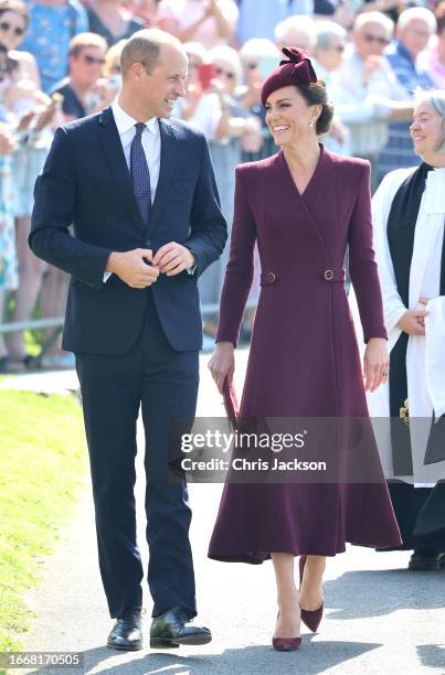 Prince William, Prince of Wales and Catherine, Princess of Wales arrive at St Davids Cathedral to commemorate the life of Her Late Majesty Queen...