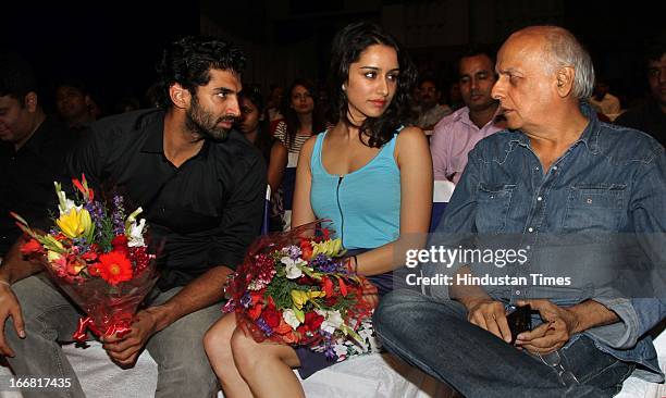 Aditya Roy Kapur, Shraddha Kapoor and Mahesh Bhatt at Press conference of upcoming film Aashiqui 2 at Laxmi Studious, Film City on April 15, 2013 in...