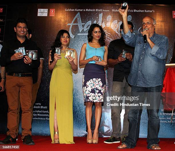 Bhushan Kumar, Shraddha Kapoor, Aditya Roy Kapur and Mahesh Bhatt at Press conference of upcoming film Aashiqui 2 at Laxmi Studious, Film City on...