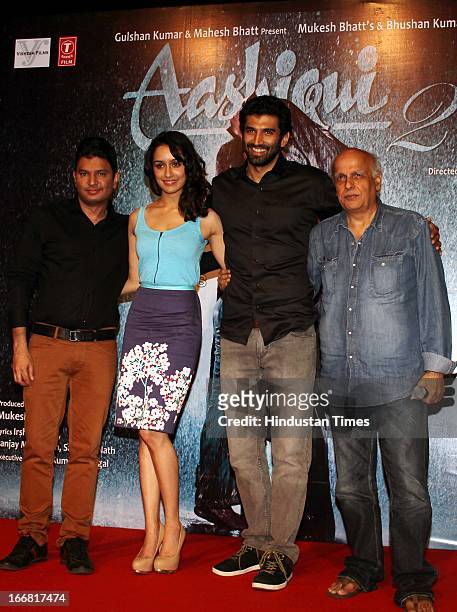 Bhushan Kumar, Shraddha Kapoor, Aditya Roy Kapur and Mahesh Bhatt at Press conference of upcoming film Aashiqui 2 at Laxmi Studious, Film City on...