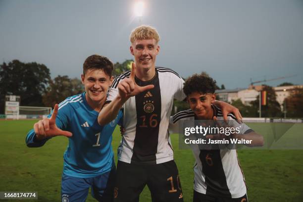 Marcello Trippel, Mattis Fleer and Max Knoll of Germany celebrates after an International Friendly between Germany and Austria at ebmpapst-Stadion on...