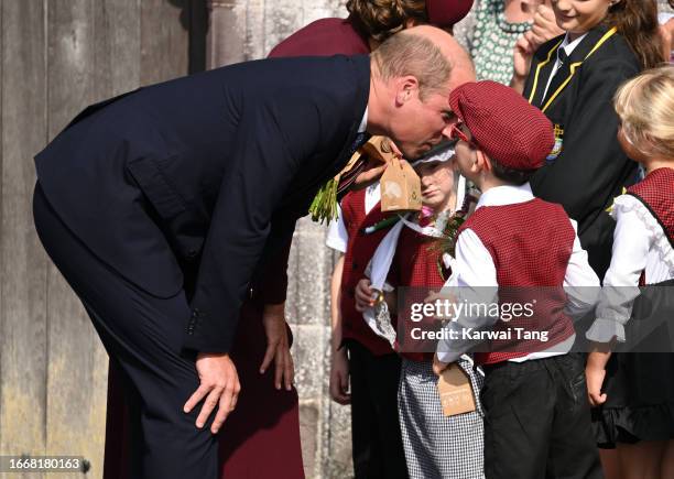 Prince William, Prince of Wales departs after visiting St Davids Cathedral for a service to commemorate the first anniversary of the death of Queen...