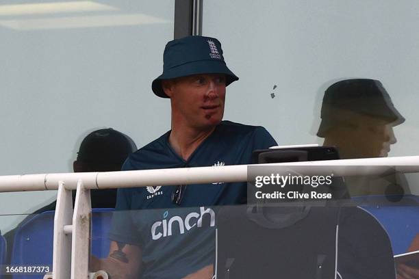 Andrew Flintoff is seen on the England balcony during the 1st Metro Bank One Day International between England and New Zealand at Sophia Gardens on...