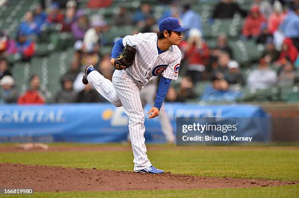 Relief pitcher Hisanori Takahashi of the Chicago Cubs delivers against the San Francisco Giants at Wrigley Field on April 11, 2013 in Chicago,...