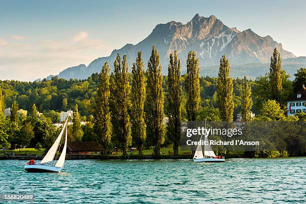 yachts on lake lucerne & mt pilatus - luzern foto e immagini stock