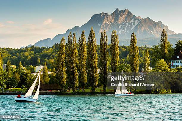 yachts on lake lucerne & mt pilatus - lake lucerne stock pictures, royalty-free photos & images