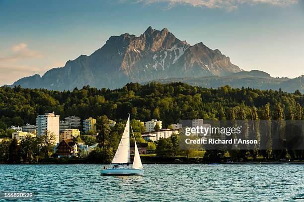 yacht on lake lucerne & mt pilatus - lake lucerne stock pictures, royalty-free photos & images