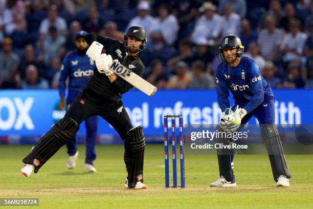 Devon Conway of New Zealand in action during the 1st Metro Bank One Day International between England and New Zealand at Sophia Gardens on September...