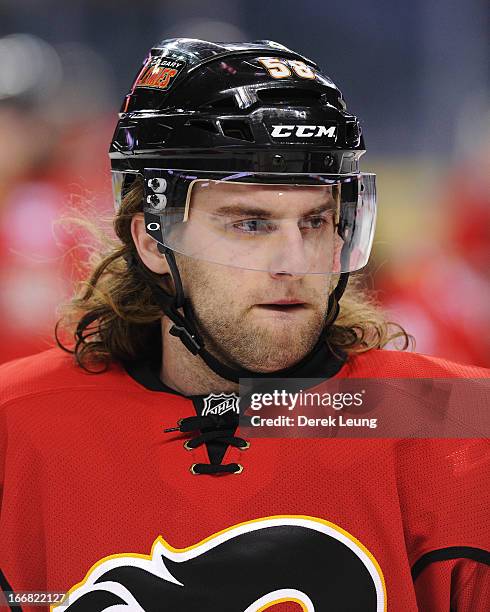 Ben Hanowski of the Calgary Flames skates against the Minnesota Wild during the warm-up period prior to an NHL game at Scotiabank Saddledome on April...