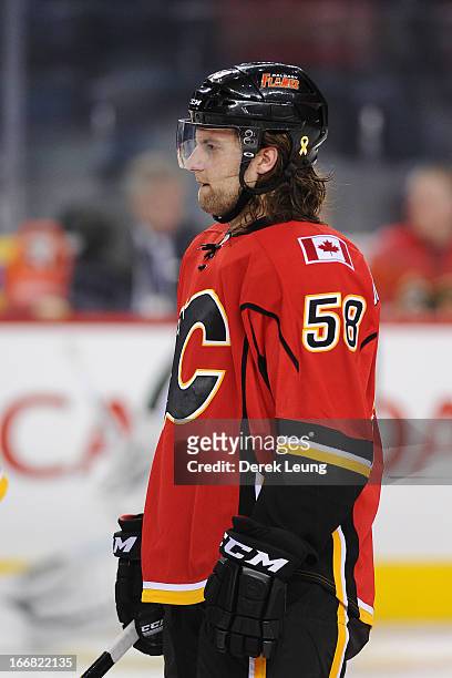 Ben Hanowski of the Calgary Flames skates against the Minnesota Wild during the warm-up period prior to an NHL game at Scotiabank Saddledome on April...