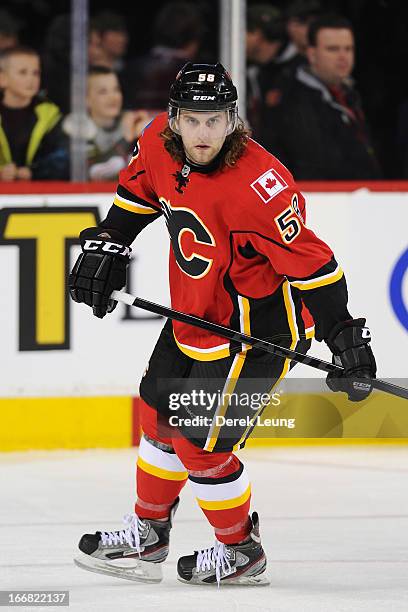 Ben Hanowski of the Calgary Flames skates against the Minnesota Wild during the warm-up period prior to an NHL game at Scotiabank Saddledome on April...