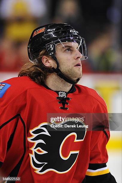 Ben Hanowski of the Calgary Flames skates against the Minnesota Wild during the warm-up period prior to an NHL game at Scotiabank Saddledome on April...