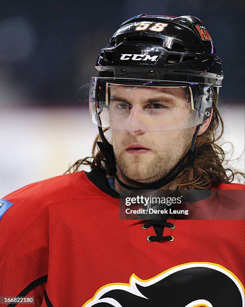 Ben Hanowski of the Calgary Flames skates against the Minnesota Wild during the warm-up period prior to an NHL game at Scotiabank Saddledome on April...