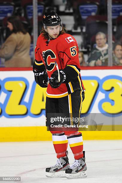 Ben Hanowski of the Calgary Flames skates against the Minnesota Wild during the warm-up period prior to an NHL game at Scotiabank Saddledome on April...