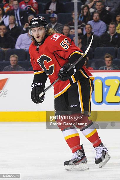 Ben Hanowski of the Calgary Flames skates against the Minnesota Wild during an NHL game at Scotiabank Saddledome on April 15, 2013 in Calgary,...