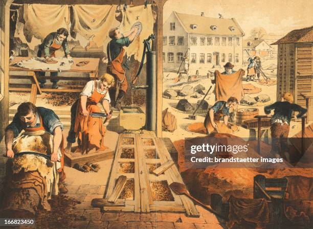 "Professions - The tanners. About 1860. Coloured lithograph. Berufe - Gerber. Um 1860. Farblithographie. Aus: Schreiber's Bilder-Werke für den...