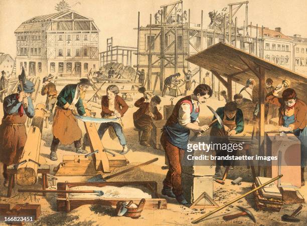 Professions - The builders. Carpenters and masons. Coloured lithograph. About 1860. Berufe - Die Bauhandwerker . Um 1860. Farblithographie. Aus -...