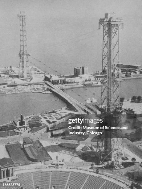 An aerial view gives a close up of a Sky Ride Tower at the Century of Progress International Exposition . The Century of Progress was the World's...