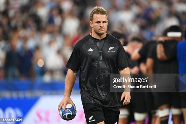 Sam Cane of New Zealand he looks on, after being replaced in the starting line-up after picking up an injury, prior to the Rugby World Cup France...