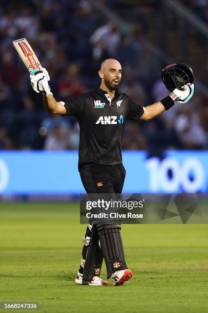 Daryl Mitchell of New Zealand celebrates his century during the 1st Metro Bank One Day International between England and New Zealand at Sophia...