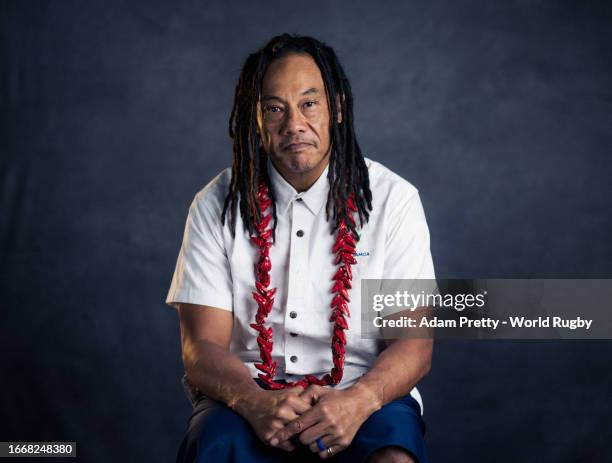 Fa'alogo Tana Umaga of Samoa poses for a portrait during the Samoa Rugby World Cup 2023 Squad photocall on September 05, 2023 in Montpellier, France.