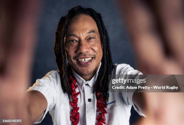 Fa'alogo Tana Umaga of Samoa poses for a portrait during the Samoa Rugby World Cup 2023 Squad photocall on September 05, 2023 in Montpellier, France.