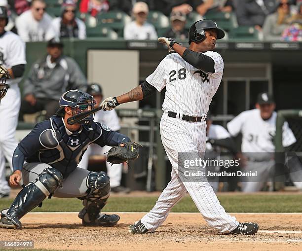 Dewayne Wise of the Chicago White Sox bats against the Seattle Mariners at U.S. Cellular Field on April 6, 2013 in Chicago, Illinois. The White Sox...