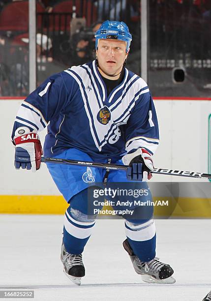 Russian Hockey Legend Darius Kasparaitis skates during the Global Hockey Legends For Hurricane Sandy Relief Charity Game at Prudential Center on...