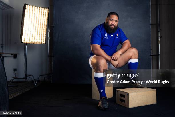 Charlie Faumuina of Samoa poses for a portrait during the Samoa Rugby World Cup 2023 Squad photocall on September 05, 2023 in Montpellier, France.