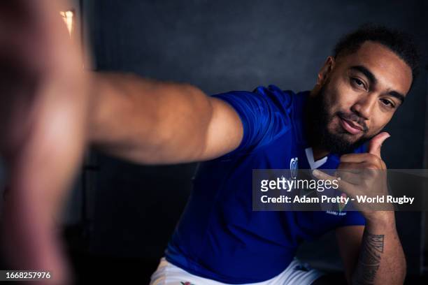 Chris Vui of Samoa poses for a portrait during the Samoa Rugby World Cup 2023 Squad photocall on September 05, 2023 in Montpellier, France.