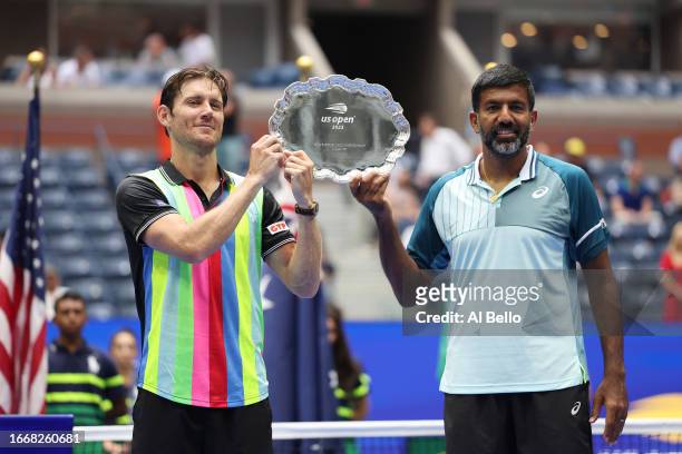 Rohan Bopanna of India and Matthew Ebden of Australia celebrate after being defeated by Rajeev Ram of the United States and Joe Salisbury of Great...