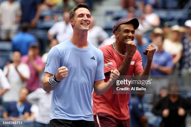 Rajeev Ram of the United States and Joe Salisbury of Great Britain celebrate their victory against Rohan Bopanna of India and Matthew Ebden of...