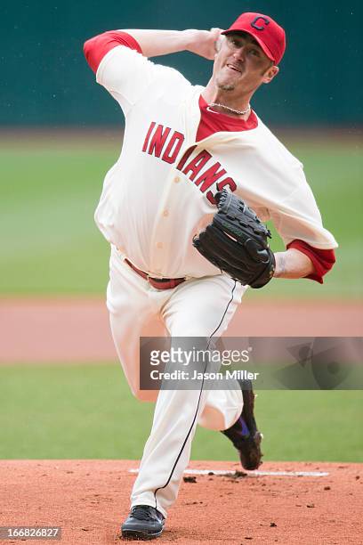 Starting pitcher Brett Myers of the Cleveland Indians pitches during the first inning against the Chicago White Sox at Progressive Field on April 14,...