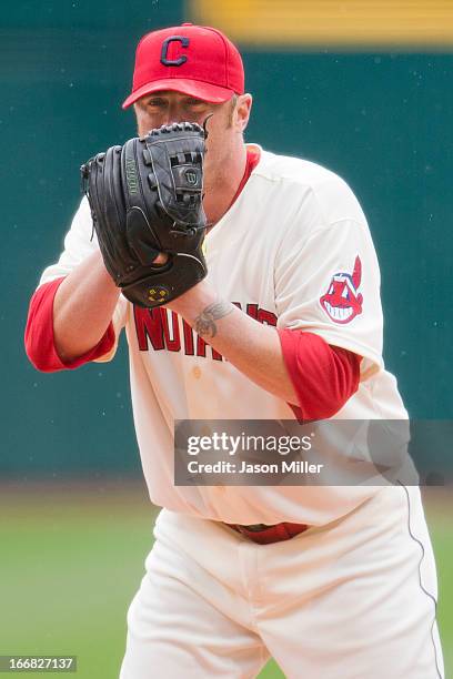 Starting pitcher Brett Myers of the Cleveland Indians looks for the pitch call during the first inning against the Chicago White Sox at Progressive...